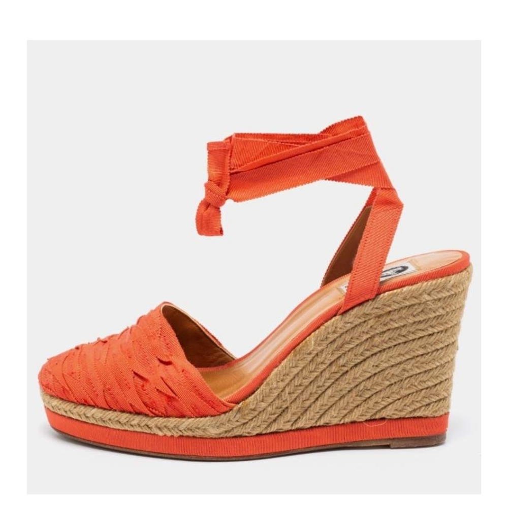 Lanvin Orange Grosgrain Ribbon Espadrille Wedge Sandals New  Women's Size 37